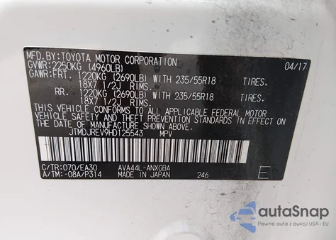 2017 Toyota Rav4 Hybrid Limited z USA, uszkodzony, nr VIN JTMDJREV9HD125543